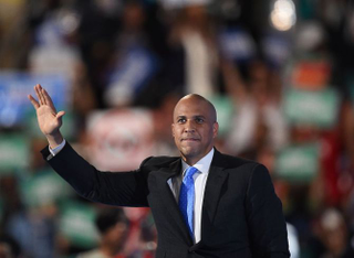 Sen. Cory Booker D-NJ) waves during Day 1 of the Democratic National Convention at the Wells Fargo Center in Philadelphia on July 25, 2016.